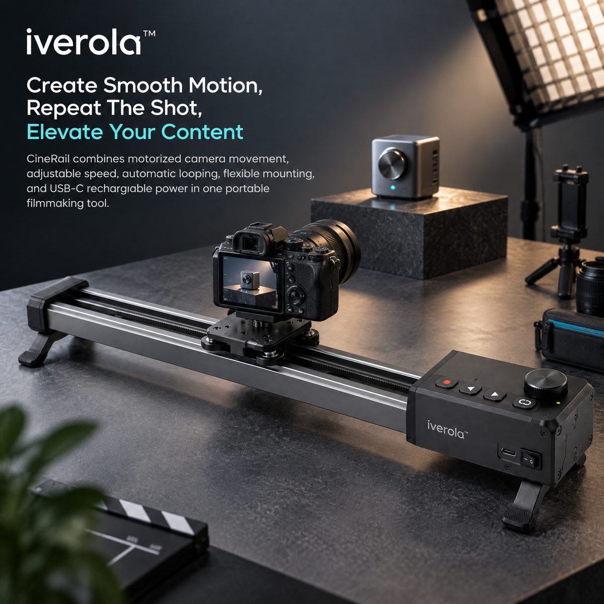 Iverola™ CineRail Motorized Camera Slider — Portable Electronic Camera Motion Track with Adjustable Slide Speed, Automatic Loop Mode, USB-C Rechargeable Battery &amp; Tripod Mounting for Video Creators and Product Photography