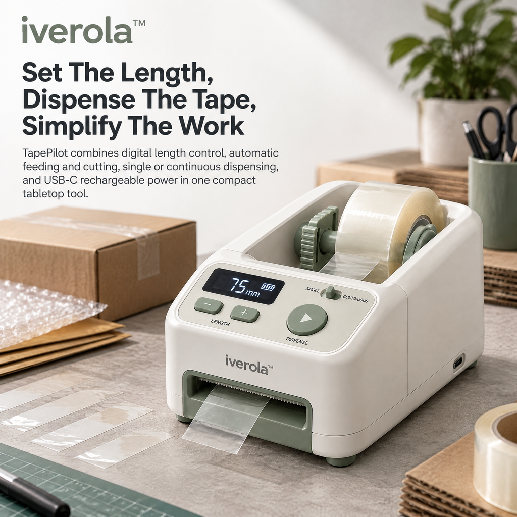 Iverola™ TapePilot Automatic Electric Tape Dispenser — Digital Tape Cutting Machine with Adjustable Length Settings, One-Touch Dispensing, Automatic Cutting Blade, Dual Feed Modes &amp; Rechargeable USB-C Power for Packaging