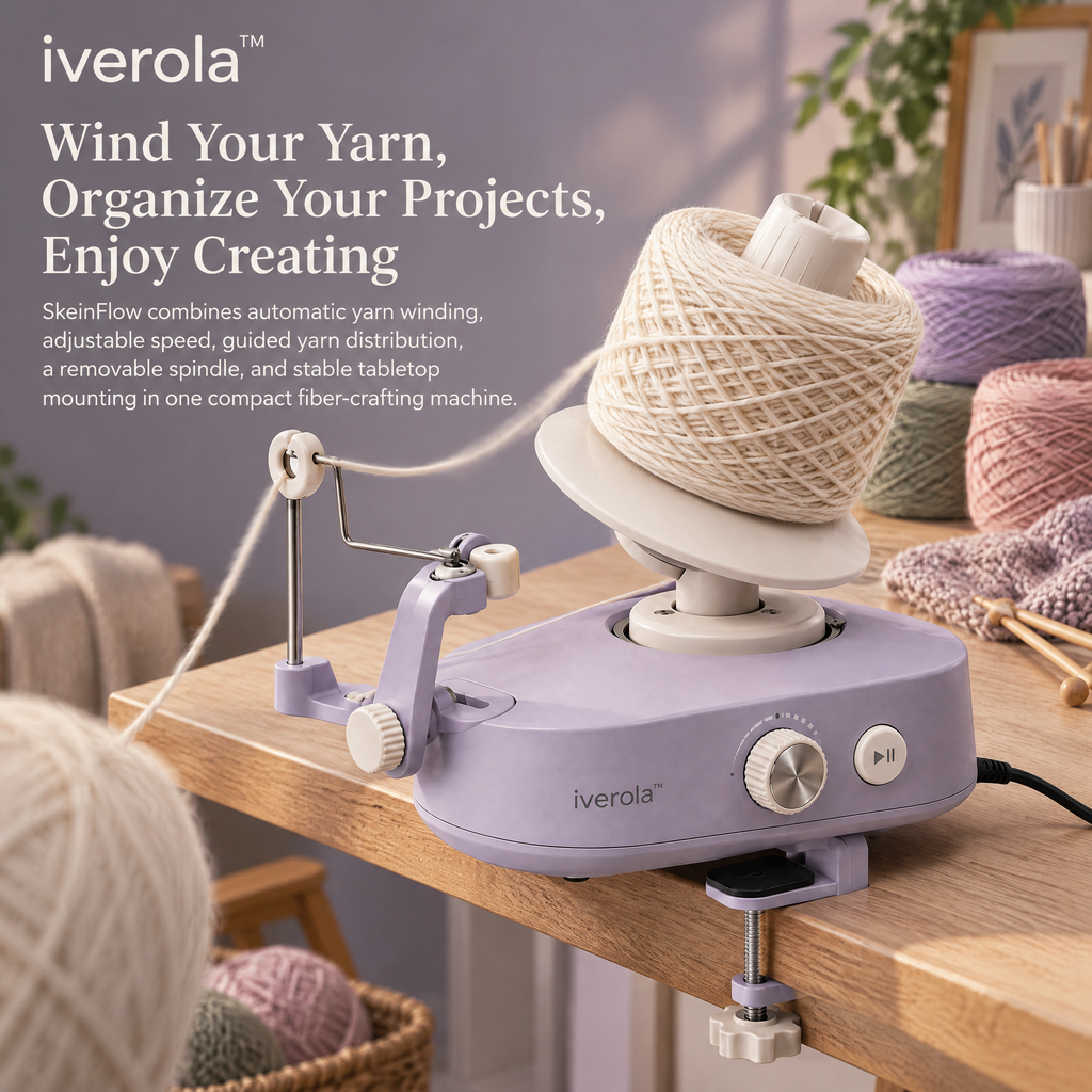 Iverola™ SkeinFlow Electric Yarn Ball Winder — Automatic Motorized Yarn Winding Machine with Adjustable Speed Control, Smooth Yarn Tension Guide, Removable Winding Spindle &amp; Table Clamp for Knitting, Crochet and Fiber Crafts