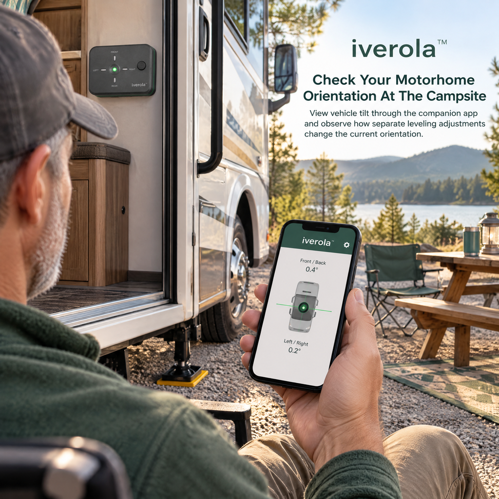 Iverola™ LevelMate Wireless RV Leveling System — Digital Dual-Axis Level Sensor with Bluetooth Connectivity, Real-Time Tilt Monitoring, LED Direction Indicators &amp; Magnetic Mounting for Campers, Travel Trailers and Motorhomes