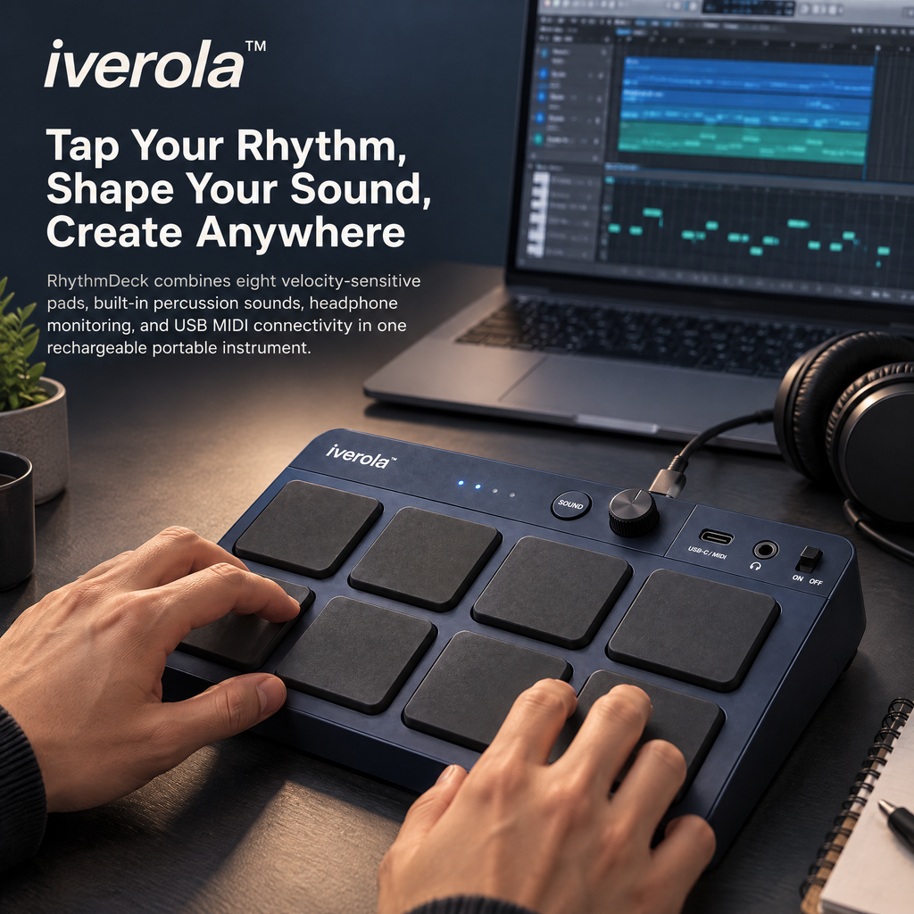 Iverola™ RhythmDeck Portable Electronic Drum Pad — Rechargeable Finger Drumming Controller with Velocity-Sensitive Pads, Built-In Drum Sounds, Headphone Output &amp; USB MIDI Connectivity for Music Production and Beat Making