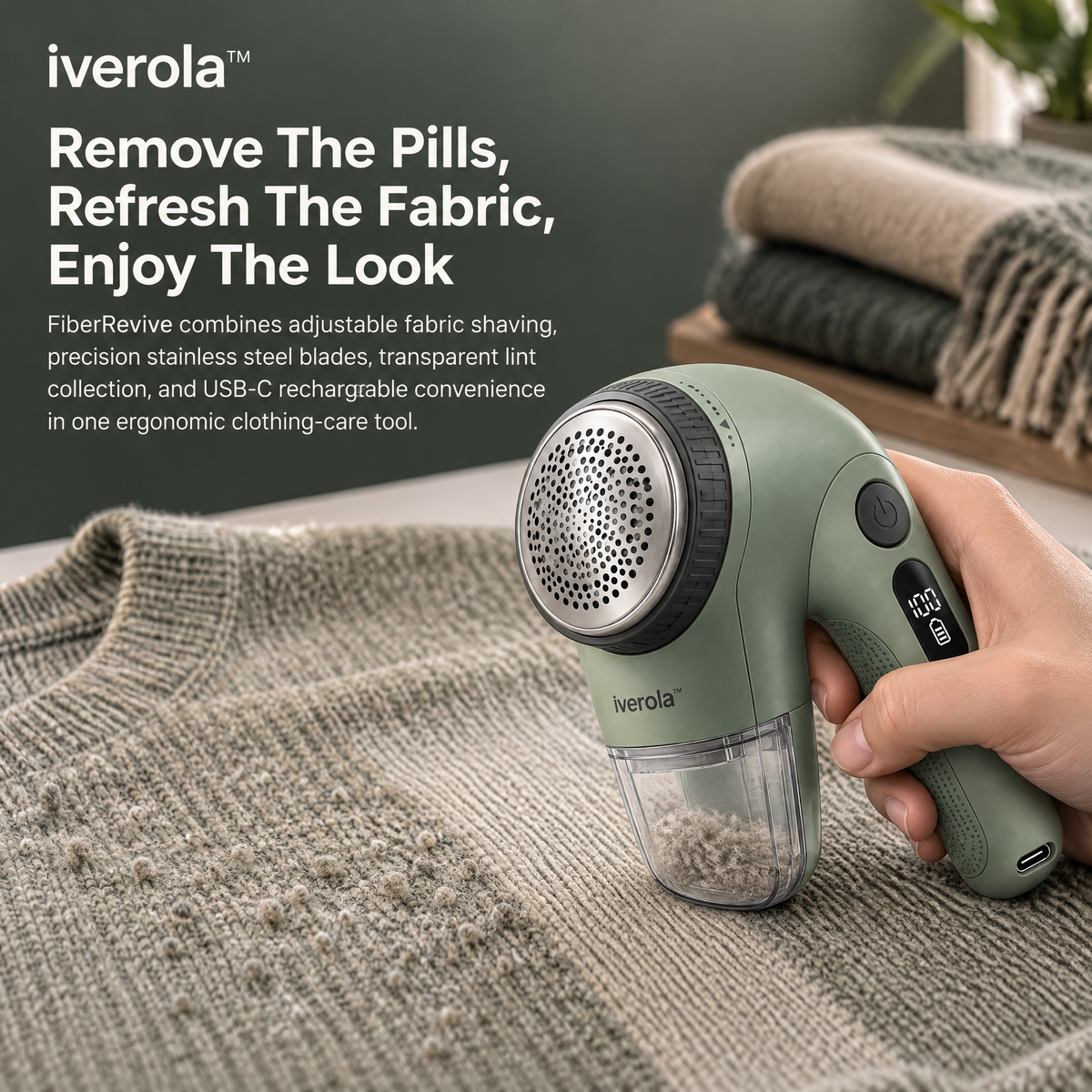 Iverola™ FiberRevive Electric Fabric Shaver — Rechargeable Clothes Lint Remover with Adjustable Shaving Height, Precision Stainless Steel Blades, Digital Battery Indicator &amp; Detachable Lint Collector for Sweaters, Upholstery and Everyday Clothing
