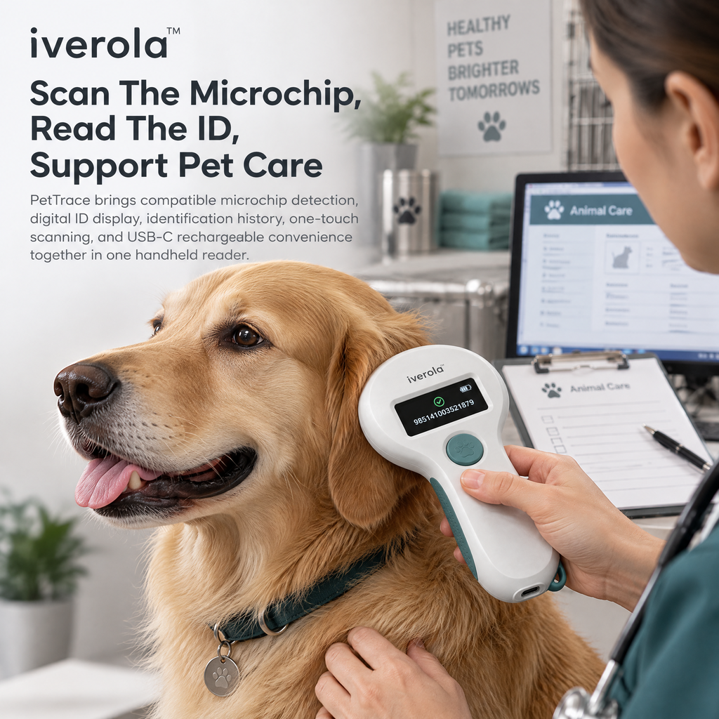 Iverola™ PetTrace Handheld RFID Pet Microchip Scanner — Portable Animal Identification Reader with Multi-Frequency Microchip Detection, Digital ID Display, One-Touch Scanning, Rechargeable Battery &amp; USB-C Connectivity for Dogs, Cats and Small Animals