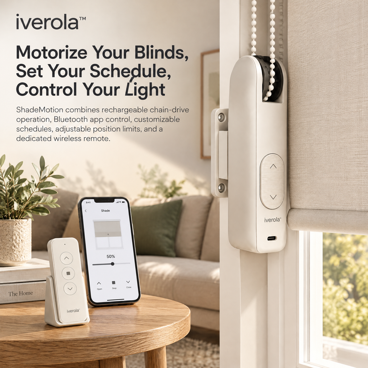 Iverola™ ShadeMotion Smart Roller Blind Motor — Rechargeable Bluetooth Window Shade Controller with Automatic Chain Drive, Adjustable Position Limits, Smartphone Scheduling &amp; Wireless Remote Control for Home Automation